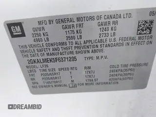 2015 GMC Terrain SLE with VIN 2GKALMEK5F6371205, listed as a IAAI auction lot 42331906 with 101,439 mi miles and . Bid and sale history available at DreamBid. Image 9.