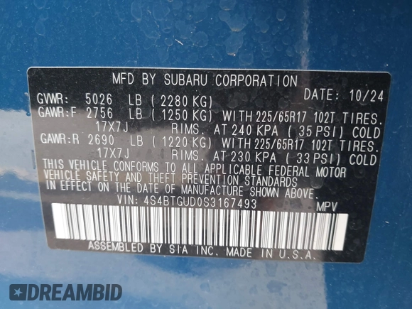 2025 Subaru Outback Wilderness z VIN 4S4BTGUD0S3167493, wystawiony jako IAAI lot #42242997 z przebiegiem 2 214 mil mil oraz . Historia ofert i sprzedaży dostępna na DreamBid. Obrazek 9.