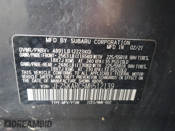 2021 Subaru Forester Special Sports с VIN JF2SKARC5MH512139, выставлен на аукционе Copart как лот 62736185 с пробегом 45 225 миль миль и Списание • Salvage title. История ставок и продаж доступна на DreamBid. Изображение 13.