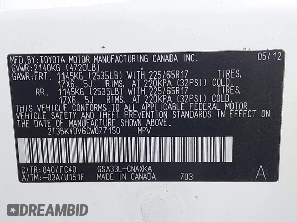2012 Toyota RAV4 with VIN 2T3BK4DV6CW077150, listed as a IAAI auction lot 41040957 with 45,670 mi miles. Bid and sale history available at carsss.com. Image 9.