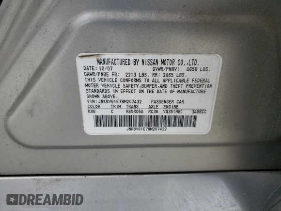2008 Infiniti G35 Journey with VIN JNKBV61E78M207432, listed as a Copart auction lot 55202535 with 149,642 mi miles and Salvage Title. Bid and sale history available at DreamBid. Image 12.