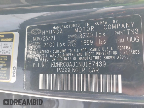 2022 Hyundai Venue SEL with VIN KMHRC8A31NU157439, listed as a IAAI auction lot 42097341 with 66,138 mi miles and . Bid and sale history available at DreamBid. Image 9.