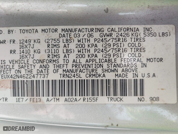 2006 Toyota Tacoma with VIN 5TEUX42N46Z247737, listed as a IAAI auction lot 42104678 with 202,165 mi miles. Bid and sale history available at carsss.com. Image 9.