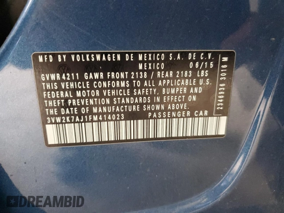 2015 Volkswagen Jetta S z VIN 3VW2K7AJ1FM414023, wystawiony jako Copart lot #60473115 z przebiegiem 129 374 mil mil oraz Nie do naprawy • Non repairable. Historia ofert i sprzedaży dostępna na DreamBid. Obrazek 13.