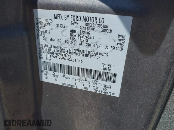 2006 Ford F-150 XLT with VIN 1FTRW12W46KA88349, listed as a IAAI auction lot 42684967 with 306,720 mi miles and . Bid and sale history available at DreamBid. Image 9.