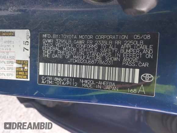 2008 Toyota Prius with VIN JTDKB20U687786231, listed as a IAAI auction lot 41839789 with 132,006 mi miles. Bid and sale history available at carsss.com. Image 9.