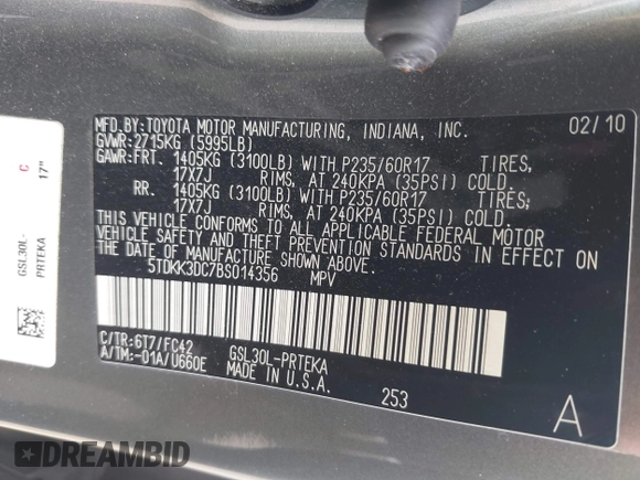 2011 Toyota Sienna LE AAS with VIN 5TDKK3DC7BS014356, listed as a IAAI auction lot 42137928 with 198,400 mi miles and . Bid and sale history available at DreamBid. Image 9.