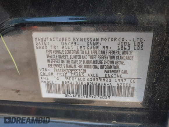 2023 Nissan Sentra SV with VIN 3N1AB8CV2PY276039, listed as a IAAI auction lot 42074619 with 21,495 mi miles and . Bid and sale history available at DreamBid. Image 9.