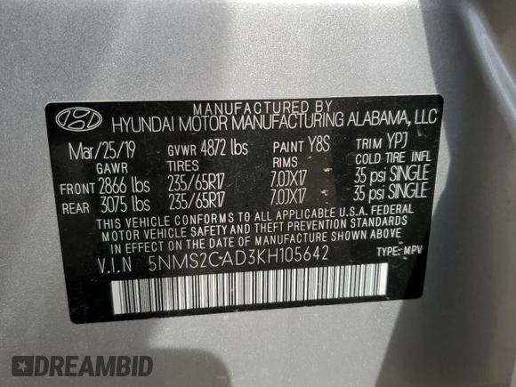 2019 Hyundai Santa Fe SE z VIN 5NMS2CAD3KH105642, wystawiony jako Copart lot #56133945 z przebiegiem 55 621 mil mil oraz Szkoda całkowita • Salvage title. Historia ofert i sprzedaży dostępna na DreamBid. Obrazek 14.