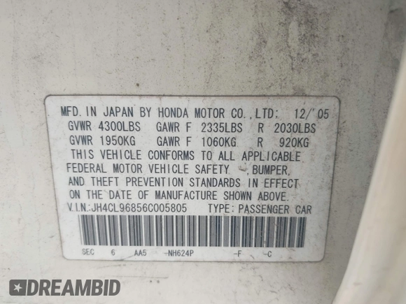 2006 Acura TSX with VIN JH4CL96856C005805, listed as a IAAI auction lot 42610920 with 196,183 mi miles and . Bid and sale history available at DreamBid. Image 9.