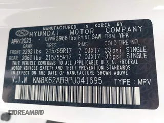 2023 Hyundai Kona SEL with VIN KM8K62AB9PU041695, listed as a IAAI auction lot 42030979 with 4,552 mi miles. Bid and sale history available at carsss.com. Image 9.