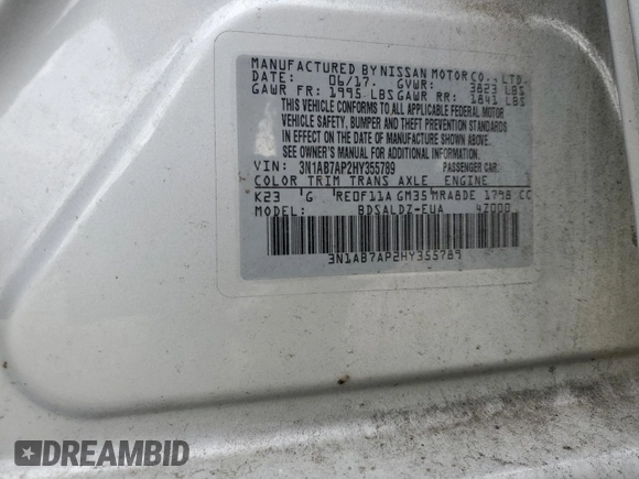2017 Nissan Sentra S with VIN 3N1AB7AP2HY355789, listed as a Copart auction lot 64208415 with 184,037 mi miles and Salvage title. Bid and sale history available at DreamBid. Image 12.