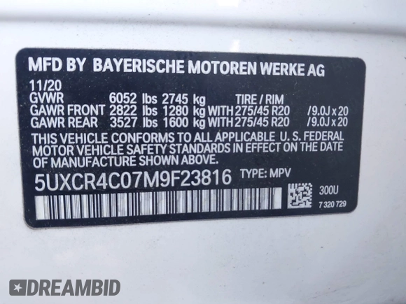 2021 BMW X5 sDrive40i with VIN 5UXCR4C07M9F23816, listed as a IAAI auction lot 41871364 with 55,401 mi miles. Bid and sale history available at carsss.com. Image 9.