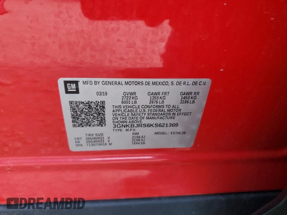 2019 Chevrolet Blazer RS z VIN 3GNKBJRS6KS621369, wystawiony jako Copart lot #54591215 z przebiegiem 64 164 mil mil oraz Szkoda całkowita • Salvage title. Historia ofert i sprzedaży dostępna na DreamBid. Obrazek 12.