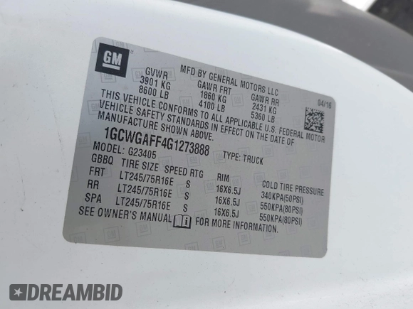 2016 Chevrolet Express Cargo с VIN 1GCWGAFF4G1273888, выставлен на аукционе IAAI как лот 42493324 с пробегом 282 019 миль миль и . История ставок и продаж доступна на DreamBid. Изображение 9.