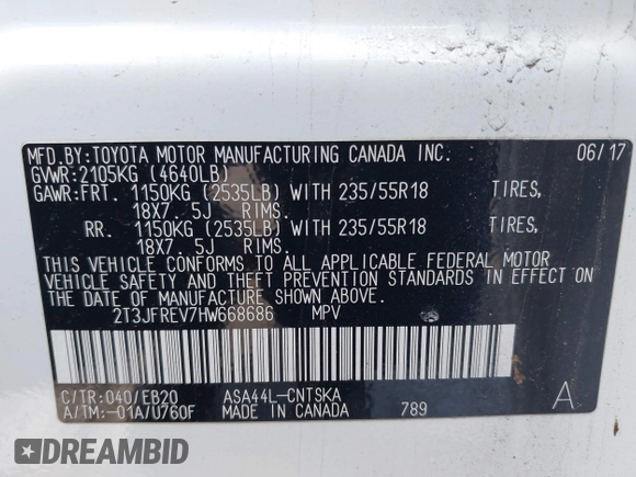2017 Toyota RAV4 SE with VIN 2T3JFREV7HW668686, listed as a IAAI auction lot 41832458 with 66,159 mi miles and . Bid and sale history available at DreamBid. Image 9.