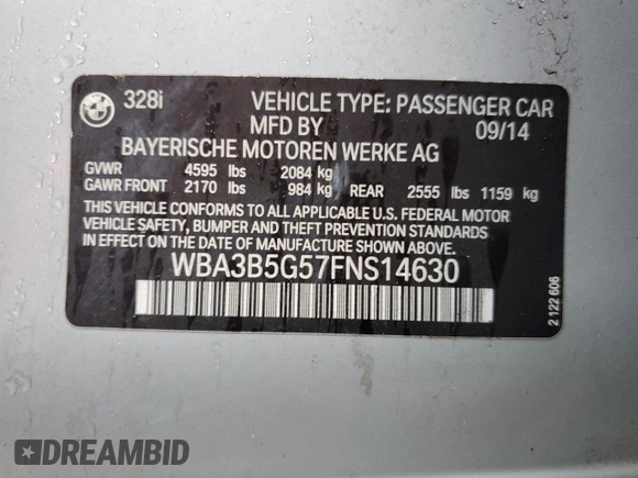 2015 BMW 3 Series 328i xDrive with VIN WBA3B5G57FNS14630, listed as a Copart auction lot 52929145 with 135,998 mi miles and Salvage Title. Bid and sale history available at carsss.com. Image 13.