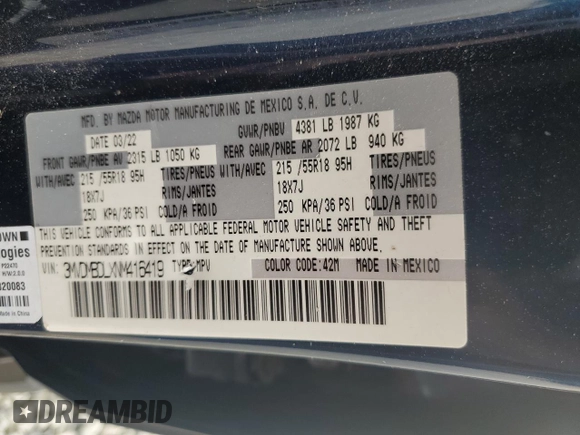 2022 Mazda CX-30 S Premium with VIN 3MVDMBDLXNM416419, listed as a Copart auction lot 54128265 with 54,838 mi miles and Salvage title. Bid and sale history available at DreamBid. Image 13.