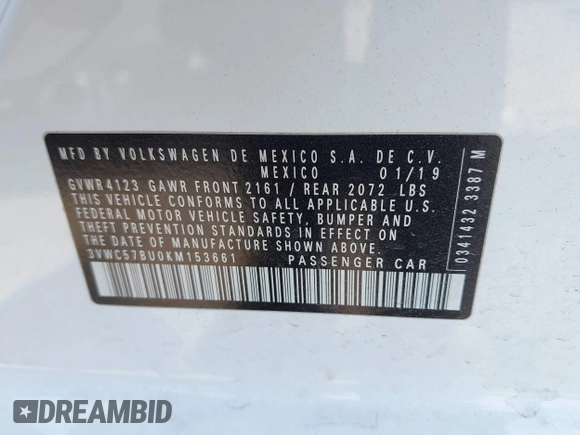 2019 Volkswagen Jetta S with VIN 3VWC57BU0KM153661, listed as a IAAI auction lot 42064545 with 37,953 mi miles and . Bid and sale history available at DreamBid. Image 9.