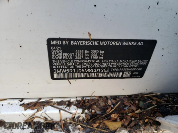 2021 BMW 3 Series 330i with VIN 3MW5R1J06M8C01362, listed as a Copart auction lot 62306562 with Not Provided miles and . Bid and sale history available at DreamBid. Image 10.