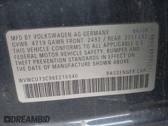 2006 Volkswagen Passat 3.6L V6 с VIN WVWCU73C96E215940, выставлен на аукционе IAAI как лот 42257810 с пробегом 102 795 миль миль и . История ставок и продаж доступна на DreamBid. Изображение 9.