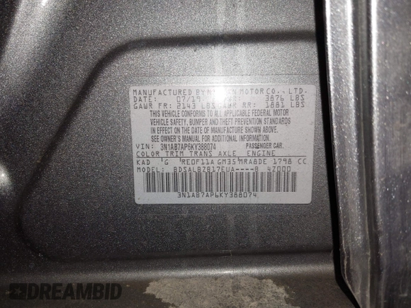 2019 Nissan Sentra S with VIN 3N1AB7AP6KY388074, listed as a IAAI auction lot 41931532 with 34,005 mi miles and . Bid and sale history available at DreamBid. Image 9.