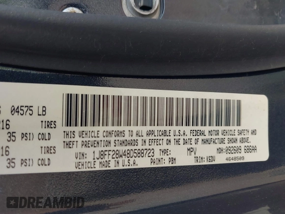 2008 Jeep Patriot Sport with VIN 1J8FF28W48D588723, listed as a IAAI auction lot 42394617 with 112,266 mi miles and . Bid and sale history available at DreamBid. Image 9.