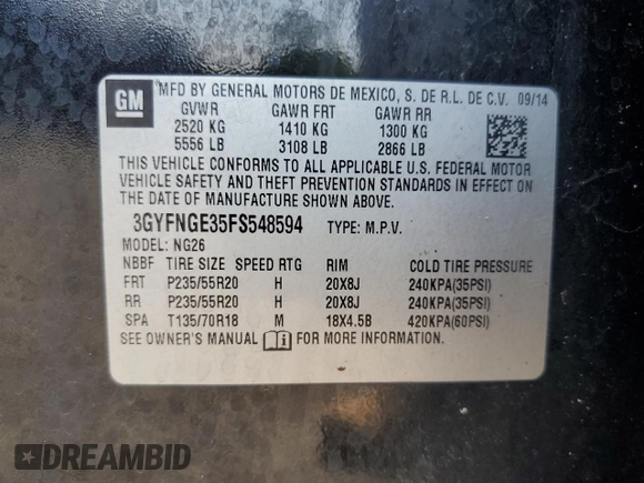 2015 Cadillac SRX Premium Collection with VIN 3GYFNGE35FS548594, listed as a Copart auction lot 64715235 with 188,460 mi miles and Clean title. Bid and sale history available at DreamBid. Image 13.