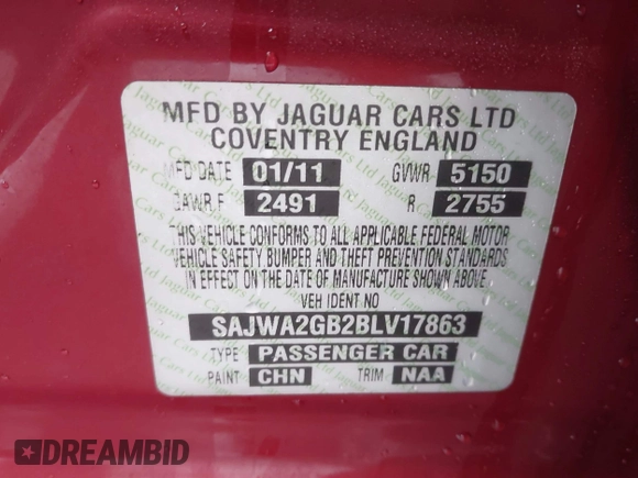 2011 Jaguar XJ XJL with VIN SAJWA2GB2BLV17863, listed as a IAAI auction lot 41576809 with 94,090 mi miles and . Bid and sale history available at DreamBid. Image 9.