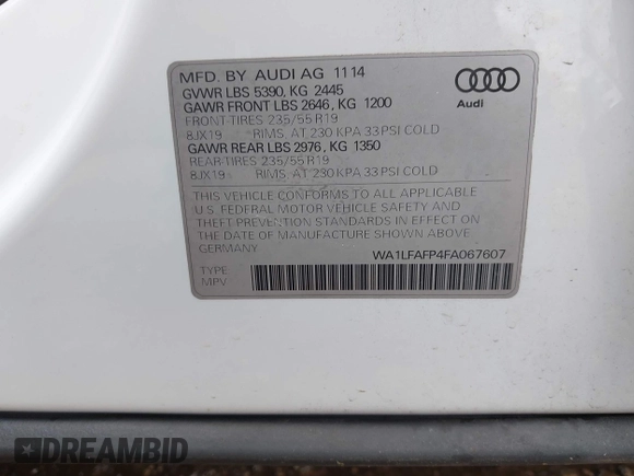 2015 Audi Q5 Premium Plus with VIN WA1LFAFP4FA067607, listed as a IAAI auction lot 42081902 with 93,780 mi miles and . Bid and sale history available at DreamBid. Image 9.