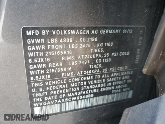 2012 Volkswagen Tiguan SE z VIN WVGAV7AX5CW004889, wystawiony jako Copart lot #57346115 z przebiegiem 100 503 mil mil oraz Szkoda całkowita • Salvage title. Historia ofert i sprzedaży dostępna na DreamBid. Obrazek 13.