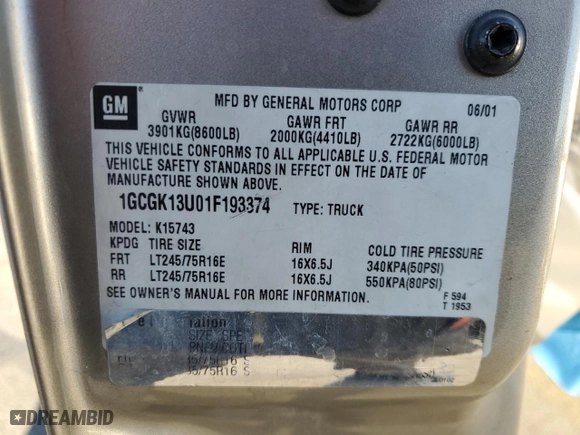 2001 Chevrolet Silverado 1500HD LS with VIN 1GCGK13U01F193374, listed as a Copart auction lot 89311775 with 212,135 mi miles and Salvage Title. Bid and sale history available at carsss.com. Image 14.