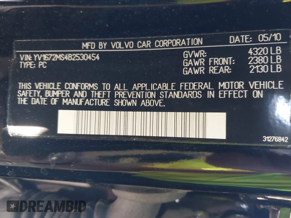 2011 Volvo S40 with VIN YV1672MS4B2530454, listed as a IAAI auction lot 40903475 with 64,491 mi miles. Bid and sale history available at carsss.com. Image 9.