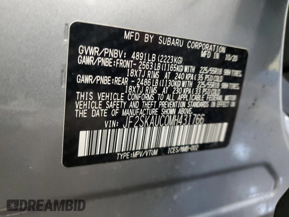 2021 Subaru Forester Limited with VIN JF2SKAUC0MH431766, listed as a Copart auction lot 56285455 with 12,956 mi miles and Salvage title. Bid and sale history available at DreamBid. Image 13.