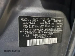 2009 Hyundai Elantra GLS with VIN KMHDU46DX9U787838, listed as a Copart auction lot 61500845 with 146,127 mi miles and Salvage title. Bid and sale history available at DreamBid. Image 13.