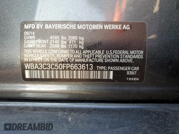 2015 BMW 3 Series 320i xDrive with VIN WBA3C3C50FP663613, listed as a Copart auction lot 65309245 with Not provided miles and Non repairable. Bid and sale history available at DreamBid. Image 12.