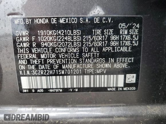 2025 Honda HR-V EX-L z VIN 3CZRZ2H71SM701201, wystawiony jako Copart lot #55594315 z przebiegiem 9 895 mil mil oraz Szkoda całkowita • Salvage title. Historia ofert i sprzedaży dostępna na DreamBid. Obrazek 13.