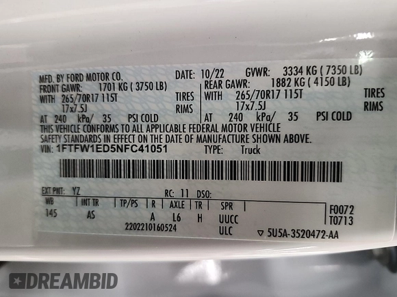 2022 Ford F-150 XL with VIN 1FTFW1ED5NFC41051, listed as a IAAI auction lot 42843923 with 29,062 mi miles and . Bid and sale history available at DreamBid. Image 4.