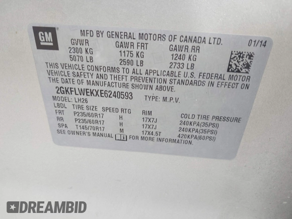 2014 GMC Terrain SLE with VIN 2GKFLWEKXE6240593, listed as a IAAI auction lot 42179784 with 187,777 mi miles and . Bid and sale history available at DreamBid. Image 9.