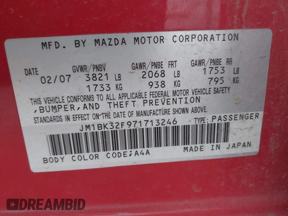 2007 Mazda 3 i Sport with VIN JM1BK32F971713246, listed as a IAAI auction lot 41905237 with 153,896 mi miles. Bid and sale history available at carsss.com. Image 9.