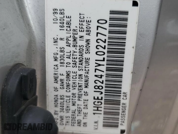 2000 Honda Civic EX z VIN 1HGEJ8247YL022770, wystawiony jako Copart lot #58949795 z przebiegiem 139 099 mil mil oraz Szkoda całkowita • Salvage title. Historia ofert i sprzedaży dostępna na DreamBid. Obrazek 12.
