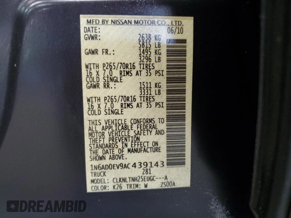 2010 Nissan Frontier LE with VIN 1N6AD0EV9AC439143, listed as a Copart auction lot 66331225 with 197,703 mi miles and Clean title. Bid and sale history available at DreamBid. Image 12.