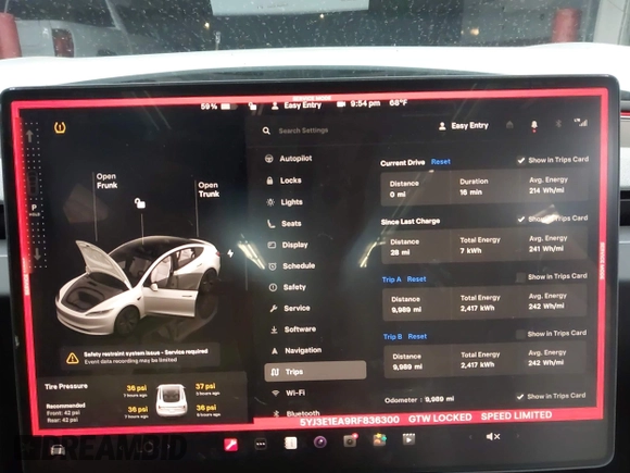 2024 Tesla Model 3 with VIN 5YJ3E1EA9RF836300, listed as a IAAI auction lot 41988009 with 9,989 mi miles. Bid and sale history available at carsss.com. Image 7.