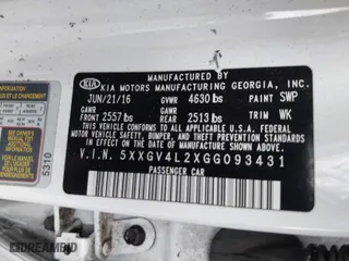 2016 Kia Optima SXL Turbo with VIN 5XXGV4L2XGG093431, listed as a IAAI auction lot 41460826 with 154,154 mi miles. Bid and sale history available at carsss.com. Image 9.