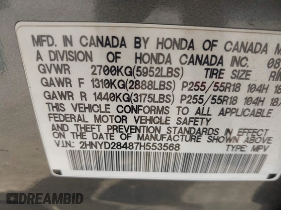 2007 Acura MDX Technology with VIN 2HNYD28487H553568, listed as a IAAI auction lot 42123875 with Not Provided miles and . Bid and sale history available at DreamBid. Image 9.