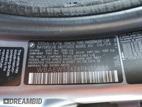 2004 BMW 3 Series 330xi with VIN WBAEW53424PN35938, listed as a Copart auction lot 41806585 with 188,271 mi miles and Non Repairable. Bid and sale history available at carsss.com. Image 14.