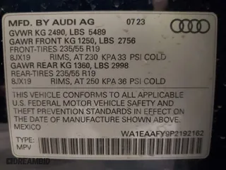 2023 Audi Q5 S line Premium Plus with VIN WA1EAAFY9P2192162, listed as a IAAI auction lot 41716778 with 15,774 mi miles. Bid and sale history available at carsss.com. Image 9.