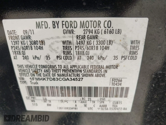2012 Ford Explorer XLT with VIN 1FMHK7D83CGA34527, listed as a IAAI auction lot 42500554 with 195,354 mi miles and . Bid and sale history available at DreamBid. Image 9.