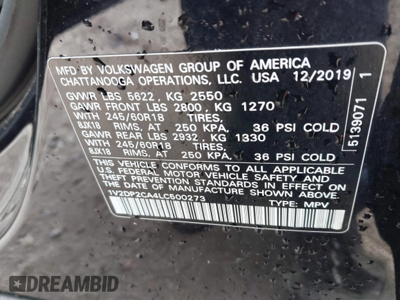 2020 Volkswagen Atlas SE z VIN 1V2DP2CA4LC500273, wystawiony jako IAAI lot #42364554 z przebiegiem 133 682 mil mil oraz . Historia ofert i sprzedaży dostępna na DreamBid. Obrazek 9.