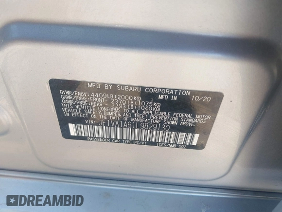 2020 Subaru WRX с VIN JF1VA1A61L9829130, выставлен на аукционе IAAI как лот 41889851 с пробегом 16 105 миль миль и . История ставок и продаж доступна на DreamBid. Изображение 9.